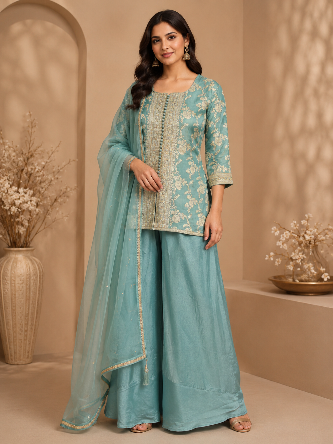 Aqua Blue Brocade Silk Sharara Suit Set with Embroidered Dupatta
